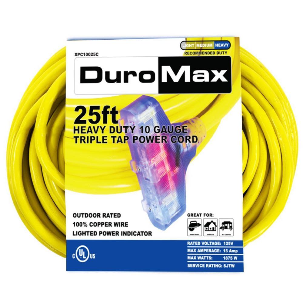 Duromax SJTW Lit Extension Power Cord 25′ 10ga Triple Tap 100% Copper - Ascmtools
