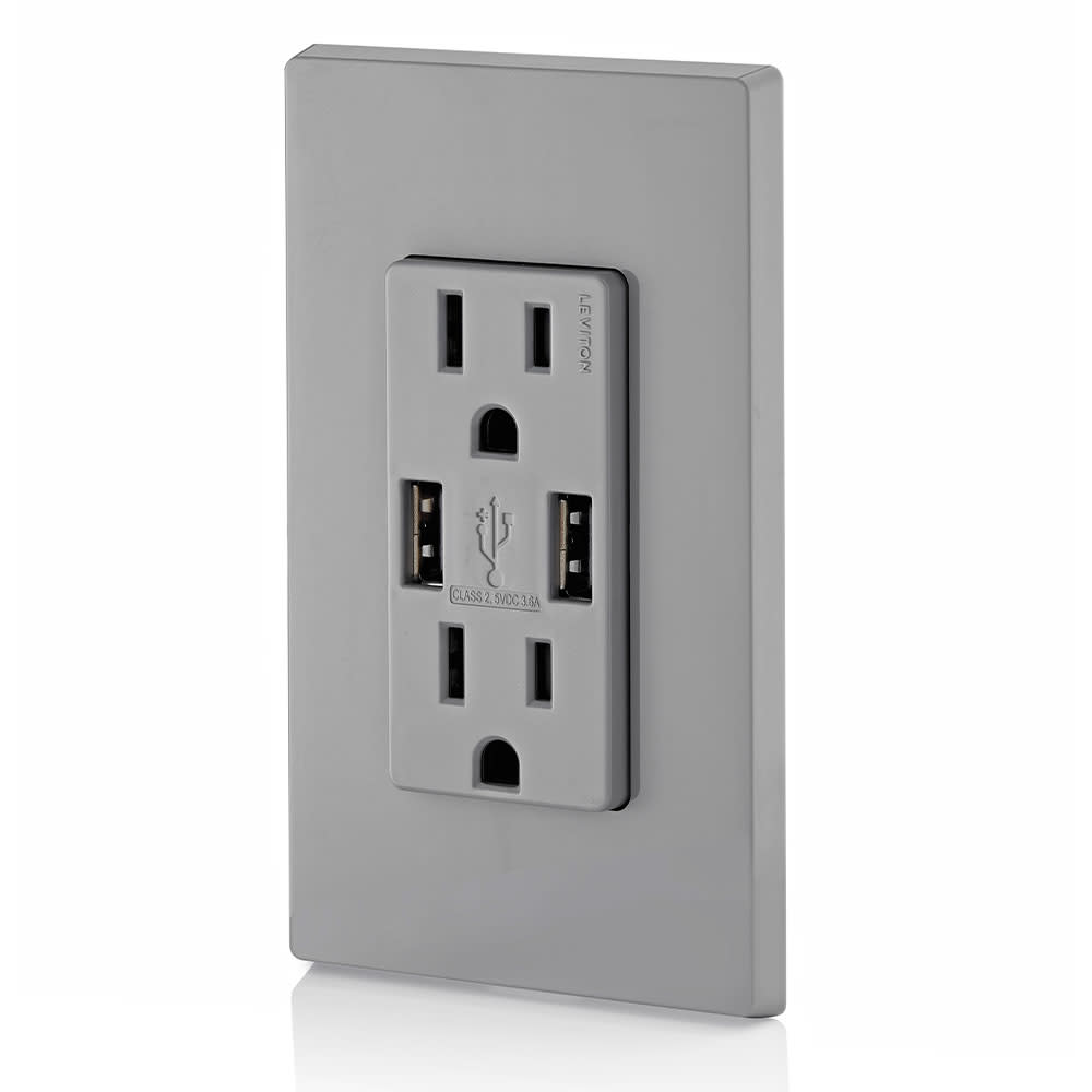 Leviton Decora 15A 125V Gray NEMA 5-15R Outlet & USB Charger - Ascmtools