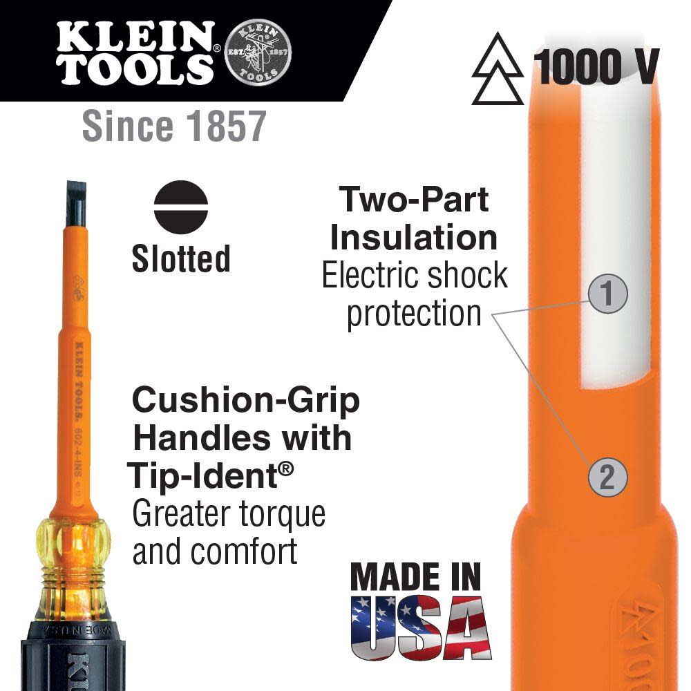 Klein Tools Insulated 1/4 In. Cabinet Tip Screwdriver with 4 In. Shank - Ascmtools