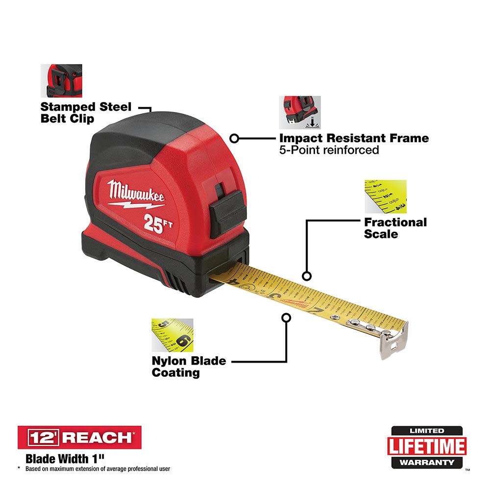 Milwaukee 25 ft. Compact Tape Measure - Ascmtools