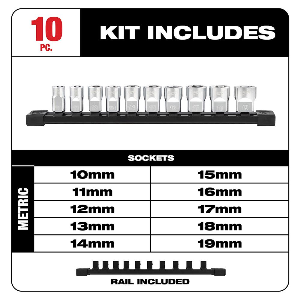 Milwaukee 10pc 3/8 in. Metric Sockets with FOUR FLAT Sides - Ascmtools