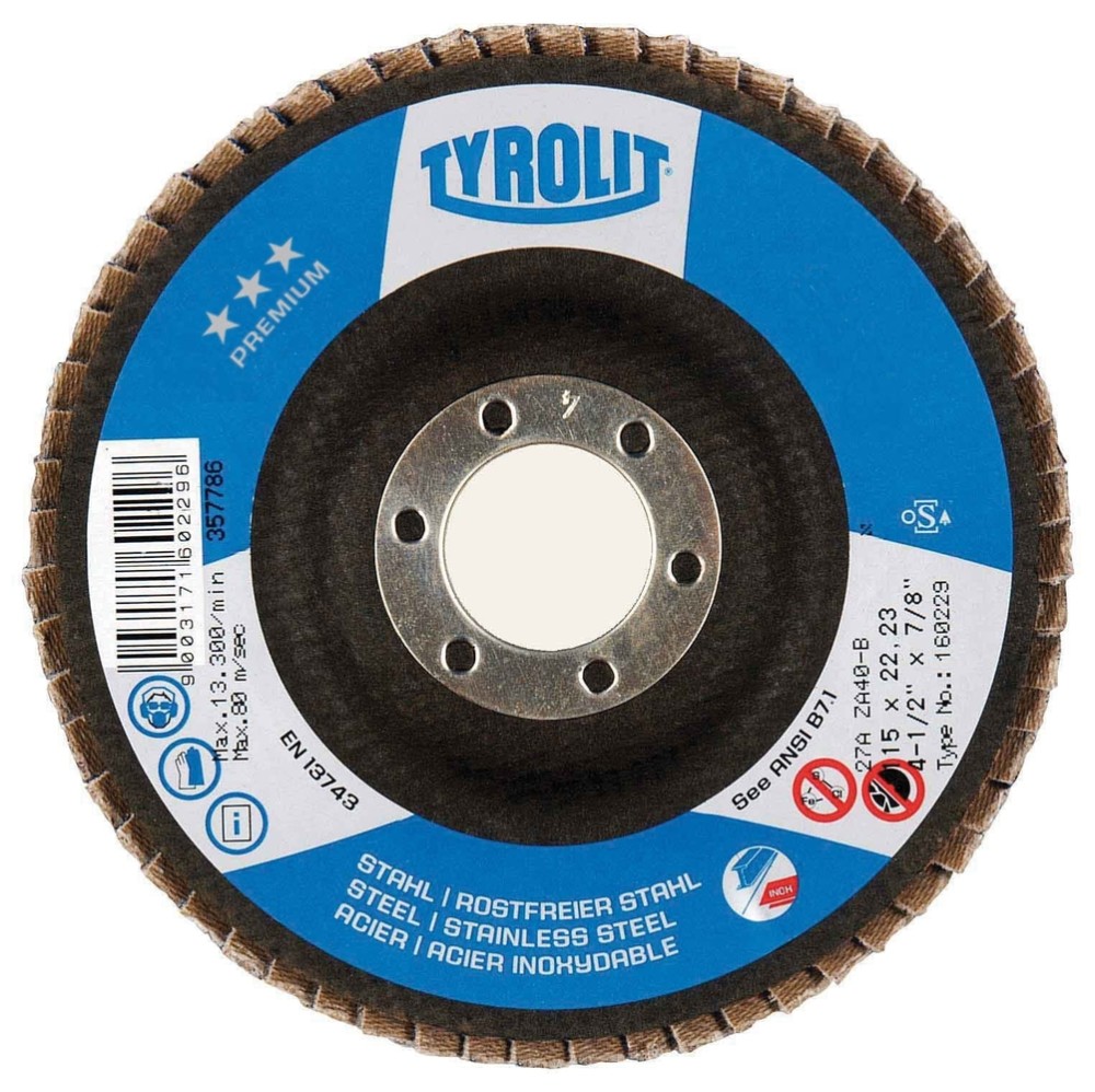 Diamond Products Tyrolit PREMIUM 4-1/2″X7/8″ Zirconia Flap Discs for Steel and Stainless Steel -Type 29 - Ascmtools