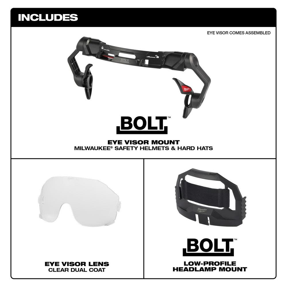 Milwaukee BOLT Eye Visor Clear Dual Coat Lens Compatible with Safety Helmets & Hard Hats - Ascmtools