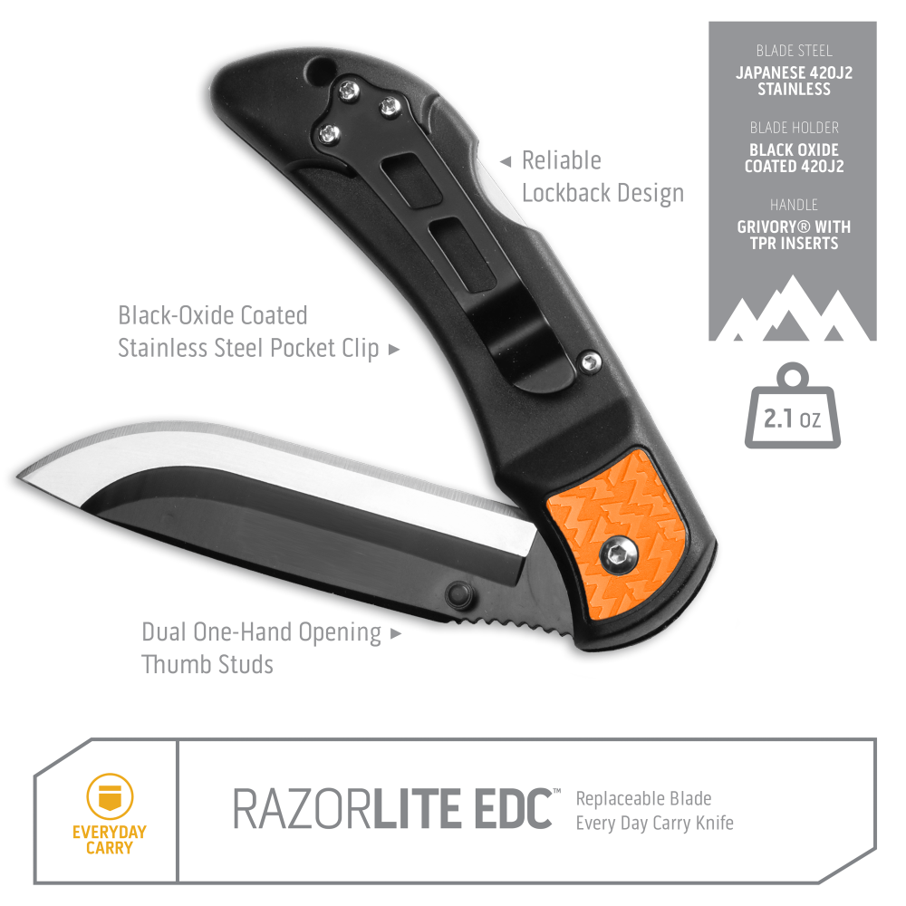 Outdoor Edge RazorLite EDC Folding Knife Orange 3″ with 4 Blades - Ascmtools