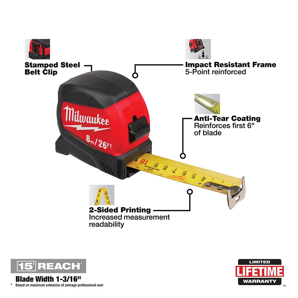 Milwaukee 8M/26Ft Compact Wide Blade Tape Measure - Ascmtools
