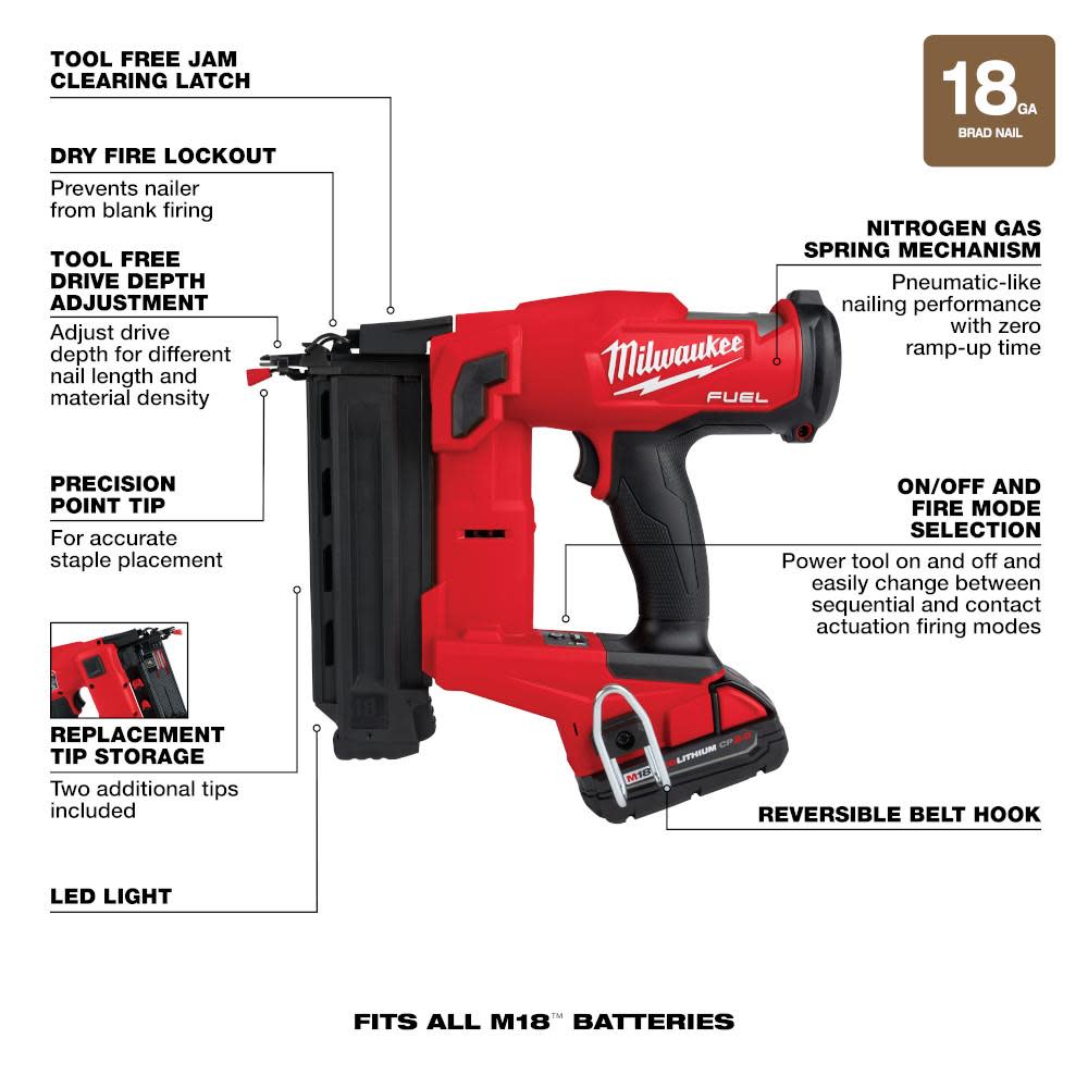 Milwaukee M18 FUEL 18 Gauge Brad Nailer Kit - Ascmtools