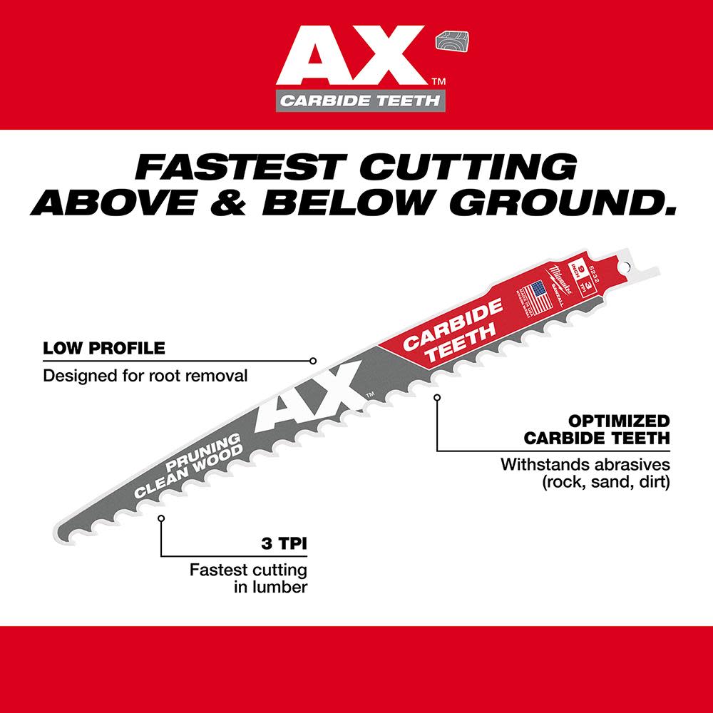 Milwaukee 9″ 3 TPI The AX with Carbide Teeth for Pruning & Clean Wood SAWZALL Blade 1PK - Ascmtools