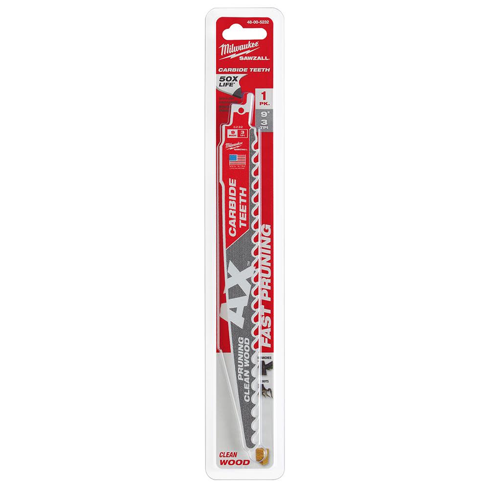 Milwaukee 9″ 3 TPI The AX with Carbide Teeth for Pruning & Clean Wood SAWZALL Blade 1PK - Ascmtools