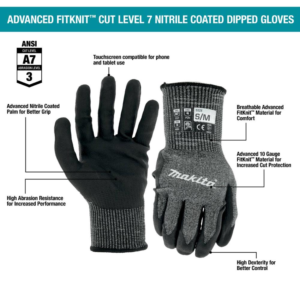 Makita Advanced FitKnit Gloves Cut Level 7 Nitrile Coated Dipped L/XL - Ascmtools