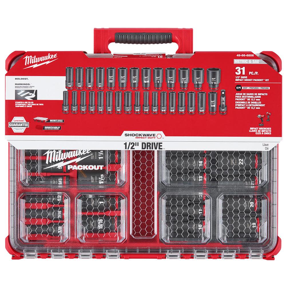 Milwaukee SHOCKWAVE Impact Duty Socket 1/2 Dr SAE/MM PACKOUT Set 31pc - Ascmtools