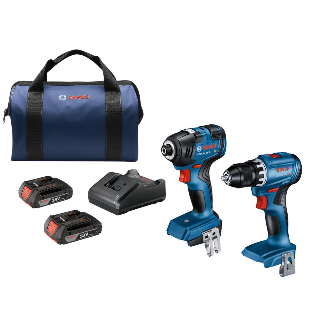 Bosch 18V 2 Tool Combo Kit with Impact Driver GDR18V-1800 Drill/Driver GSR18V-400 with 2 2Ah Batteries - Ascmtools