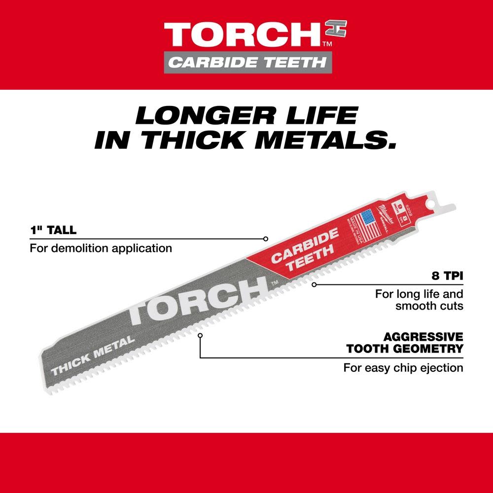 Milwaukee 6″ 8TPI The TORCH Carbide Teeth SAWZALL Blade 1PK - Ascmtools