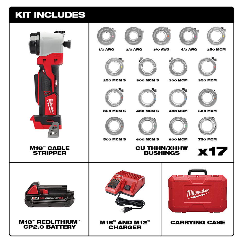 Milwaukee M18 Cable Stripper Kit with 17 Cu THHN / XHHW Bushings - Ascmtools