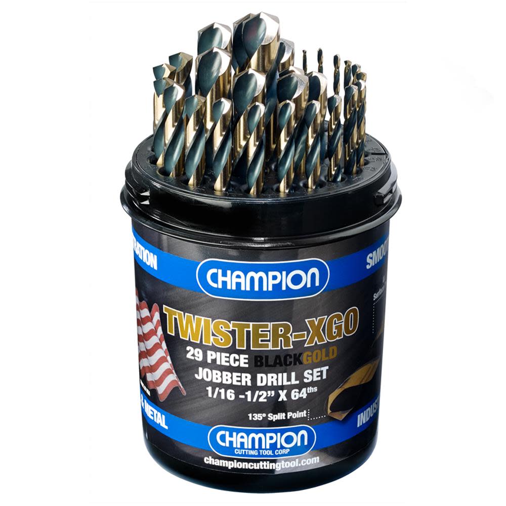 Champion Cutting Tool TWISTER-XGO 29 Piece Black & Gold Jobber Drill Bit Set 1/16-1/2 In. x 64ths - Ascmtools