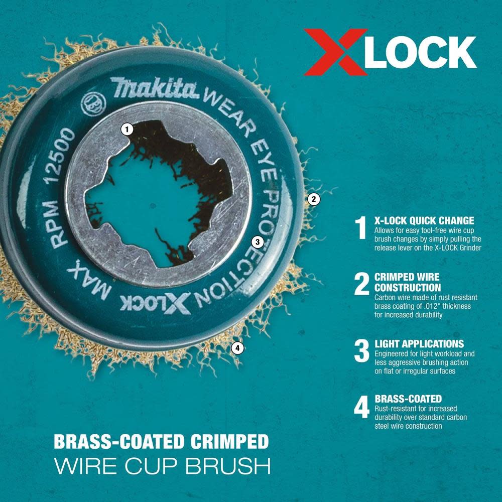 Makita X-LOCK 3″ Brass Coated Carbon Steel Crimped Wire Cup Brush - Ascmtools