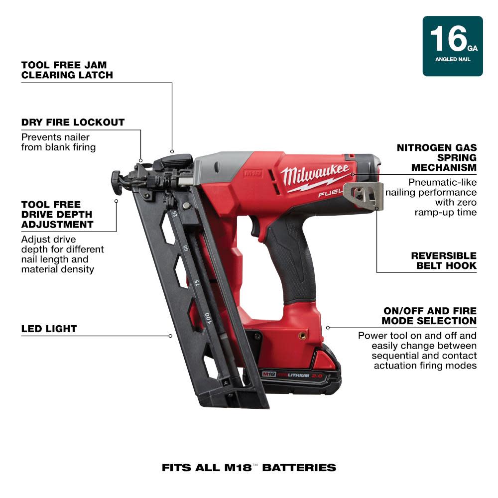 Milwaukee M18 FUEL 16 Gauge Angle Finish Nailer Kit - Ascmtools