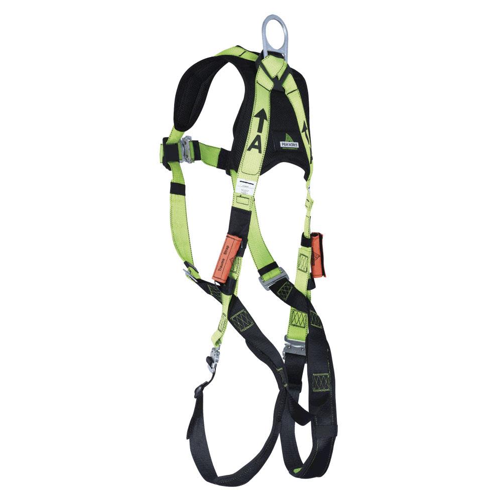 Peakworks Full Body Padded Safety Harness with Back Support 5-Point Adjustment Fall Indicator Back D-Ring Stab Lock Leg Buckles Hi-Vis Green/Black Universal Fit - Ascmtools