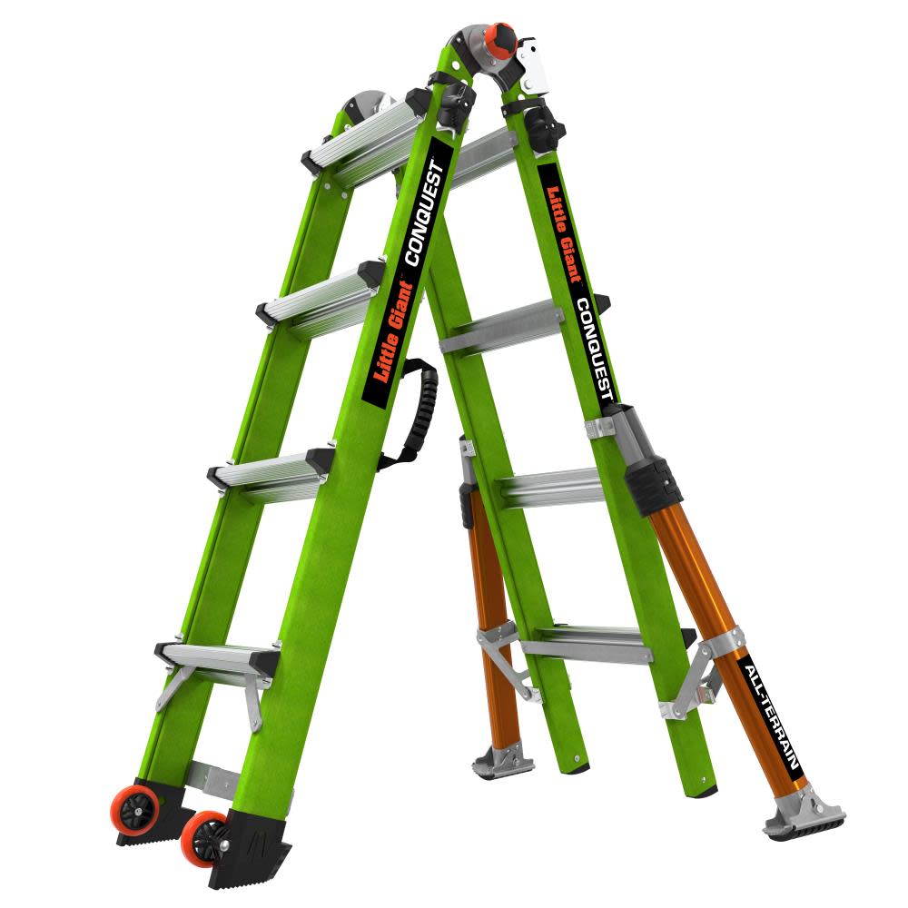 Little Giant Safety Conquest All-Terrain Model 17 – ANSI Type 1A – 300 lb Rated – Fiberglass Articulated Extendable Ladder with Adjustable Outriggers Accessory Ports Carry Handle V-Bar and Tip & Glide Wheels - Ascmtools