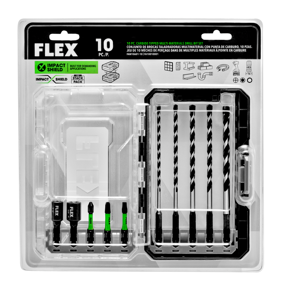 FLEX Drill & Drive Bit Set Carbide Tipped Multi Construction 10pc - Ascmtools