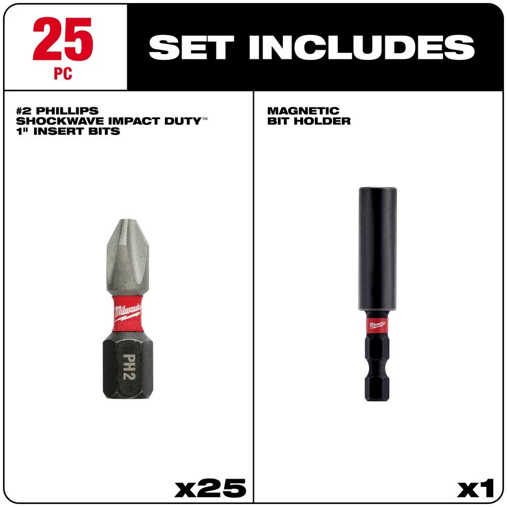 Milwaukee SHOCKWAVE Impact Phillips #2 Insert Bits with Bit Holder 25PK - Ascmtools