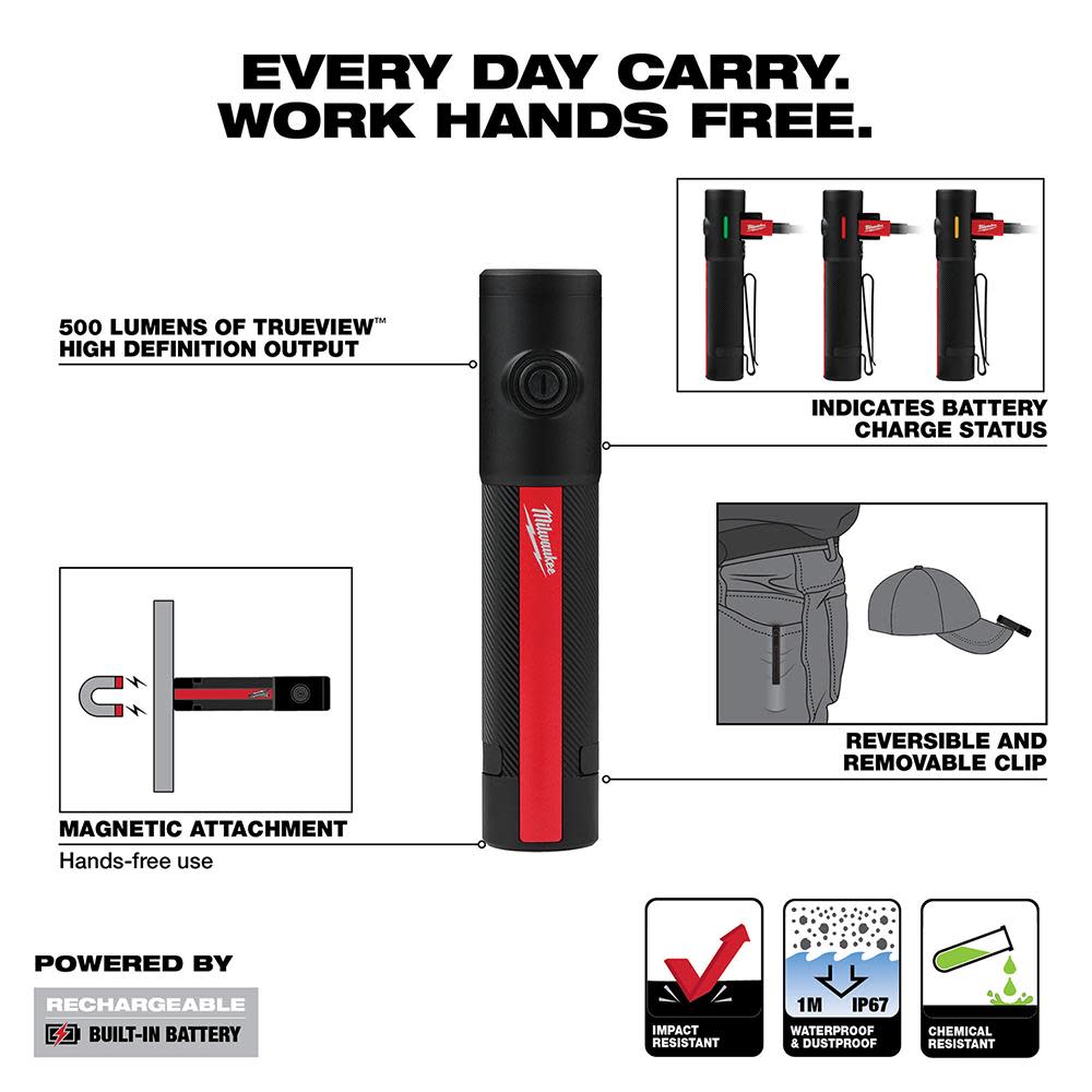Milwaukee Everyday Carry Flashlight with Magnet Rechargeable 500L - Ascmtools
