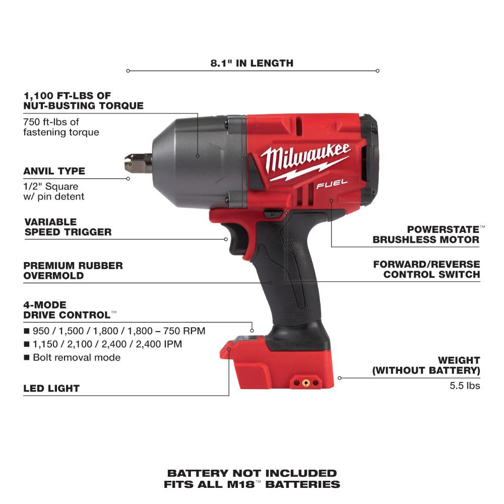 Milwaukee M18 FUEL 1/2 in. High Torque Impact Wrench with Pin Detent - Ascmtools