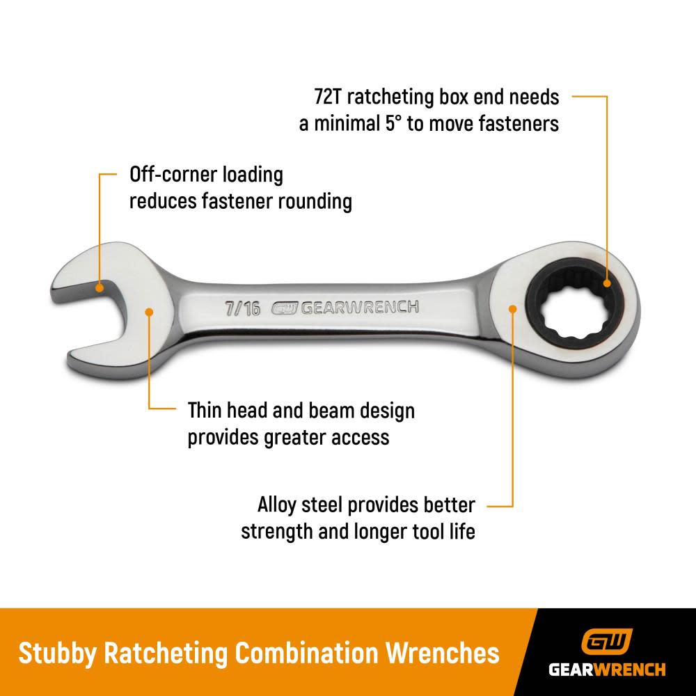 GEARWRENCH Ratcheting Wrench Set SAE Stubby Combination 7pc - Ascmtools