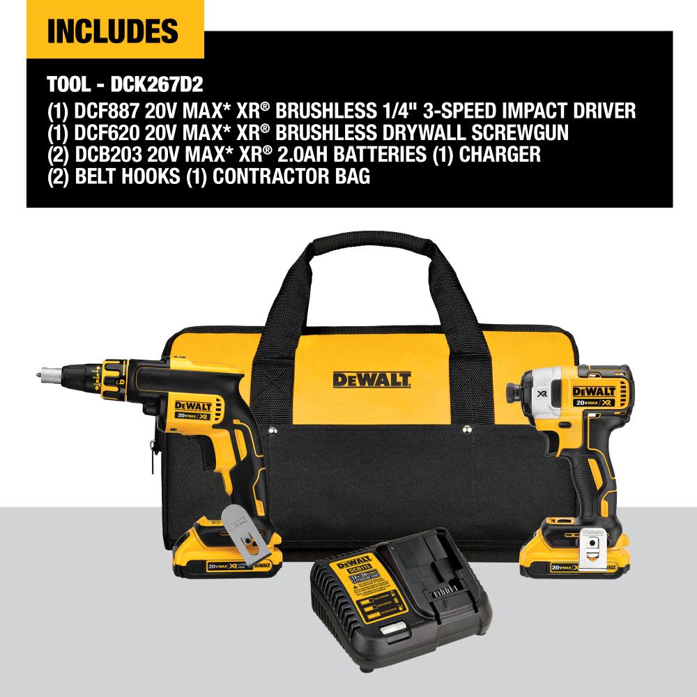 DEWALT 20 V MAX* XR Drywall Screwgun & Impact Driver Kit (2.0Ah) - Ascmtools