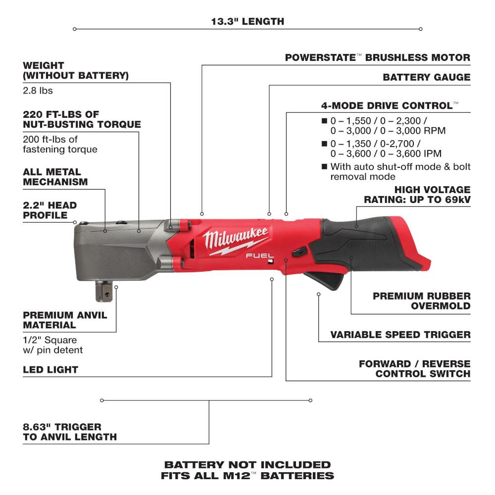 Milwaukee M12 FUEL 1/2″ Right Angle Impact Wrench with Pin Detent - Ascmtools