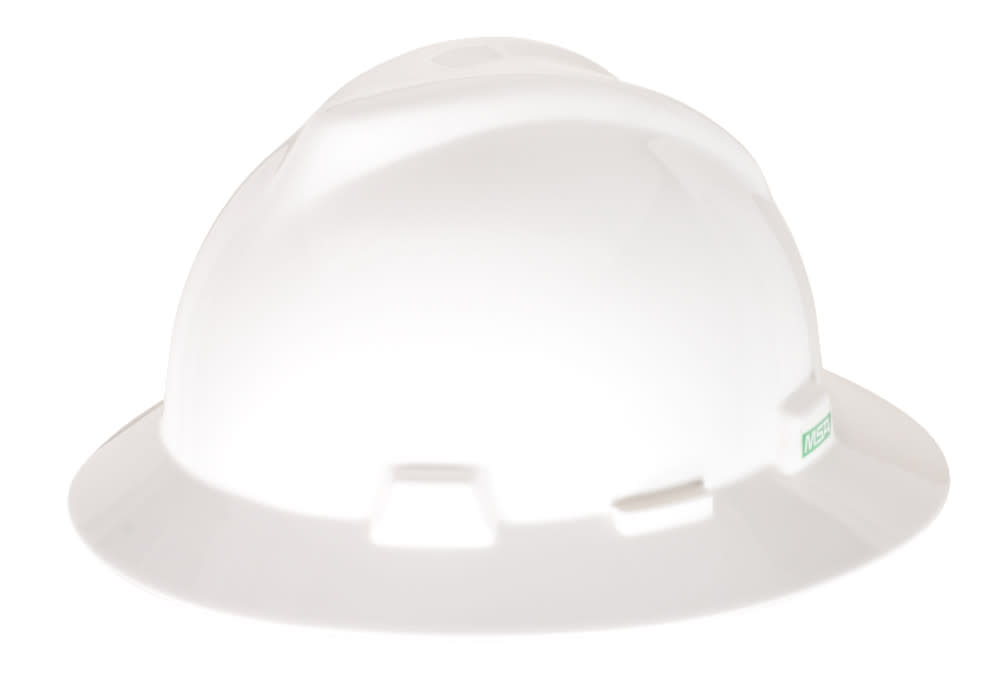 MSA Safety Works V Gard Slotted Full Brim Hard Hat White with Staz On Suspension - Ascmtools