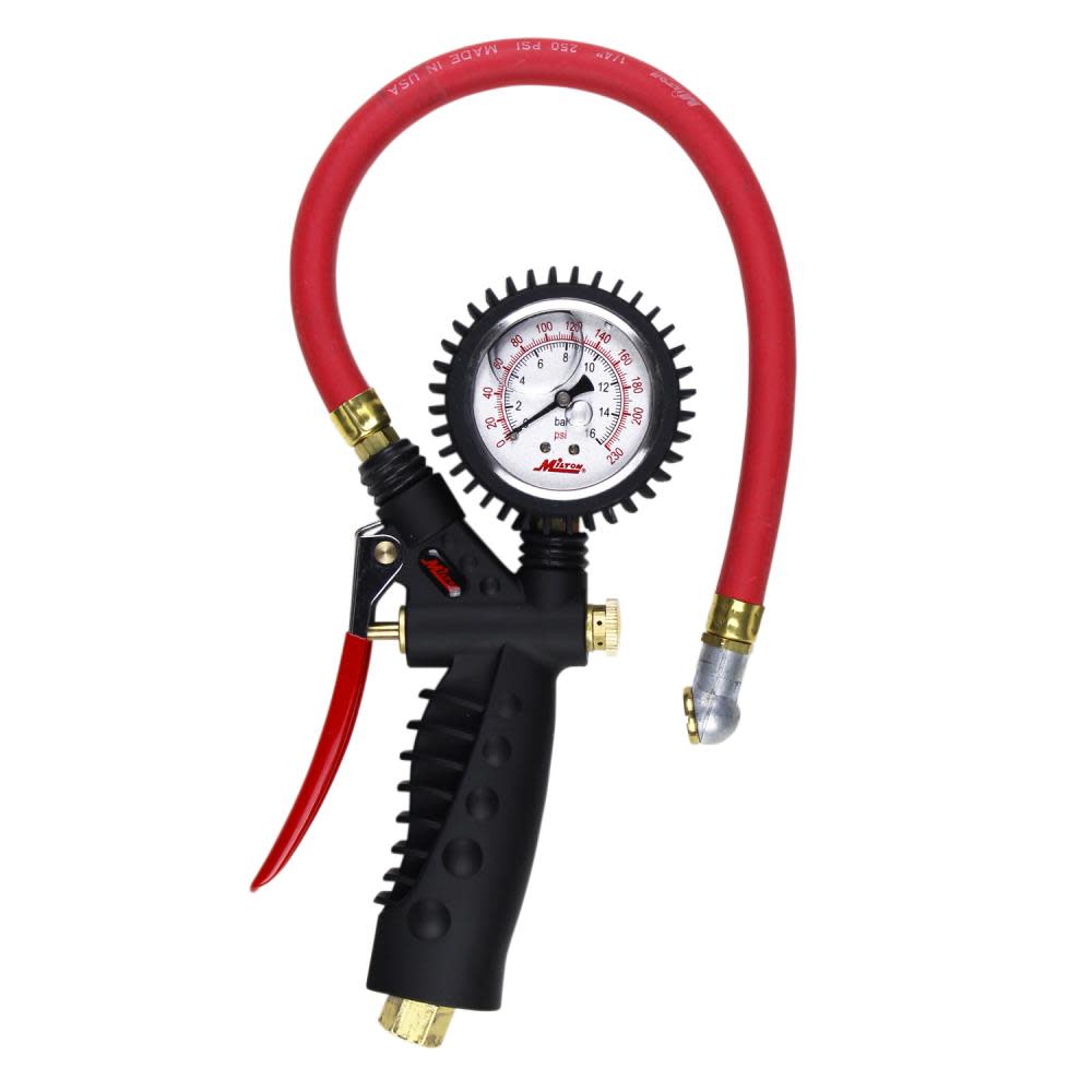 Milton S-575A Pro Analog Pistol Grip Inflator Gauge – Ball Foot Chuck and 15″ Hose – 230 PSI - Ascmtools