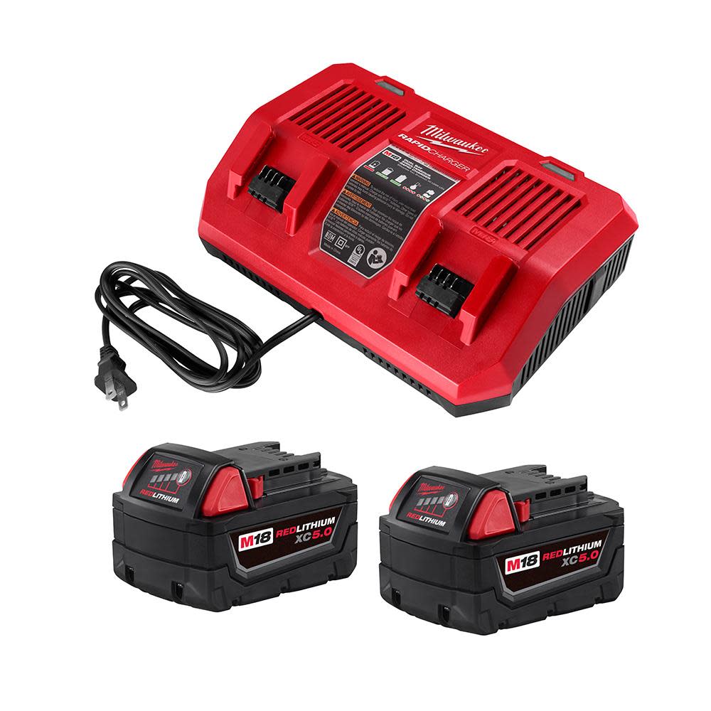 Milwaukee M18 REDLITHIUM 5AH XC 2pk + Dual Bay Charger Kit - Ascmtools