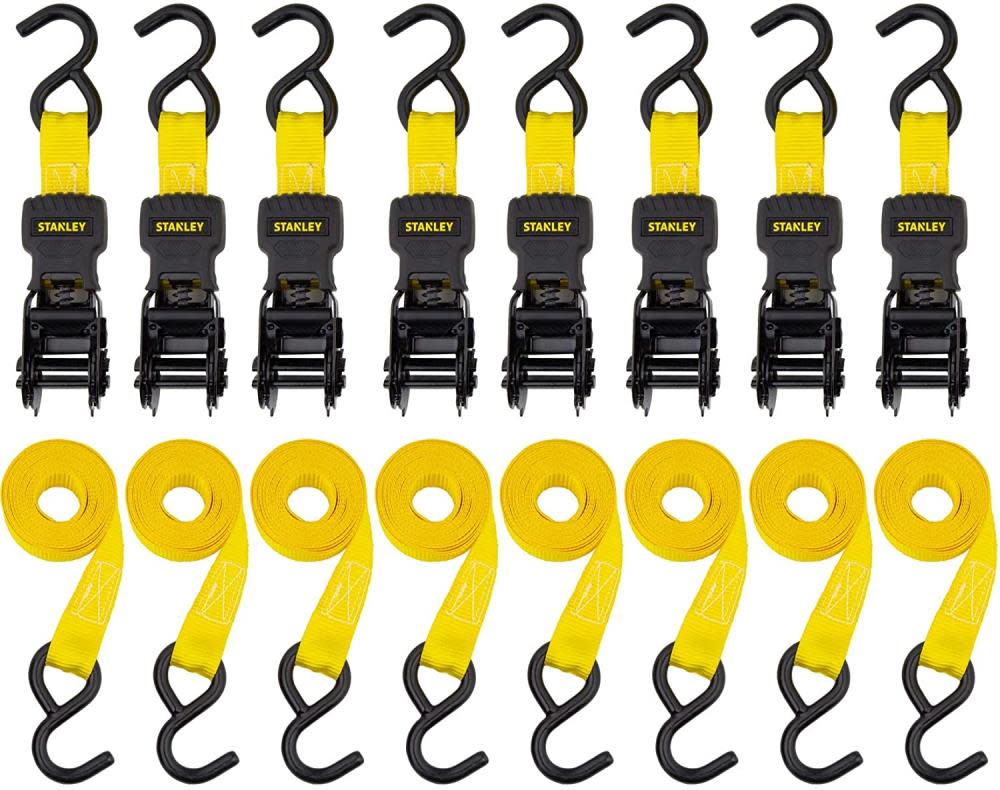 Stanley S1000 Ratchet Tie Down Straps 1″ x 10′ Light Cargo Hauling 1500 lbs Break Strength 8pk - Ascmtools