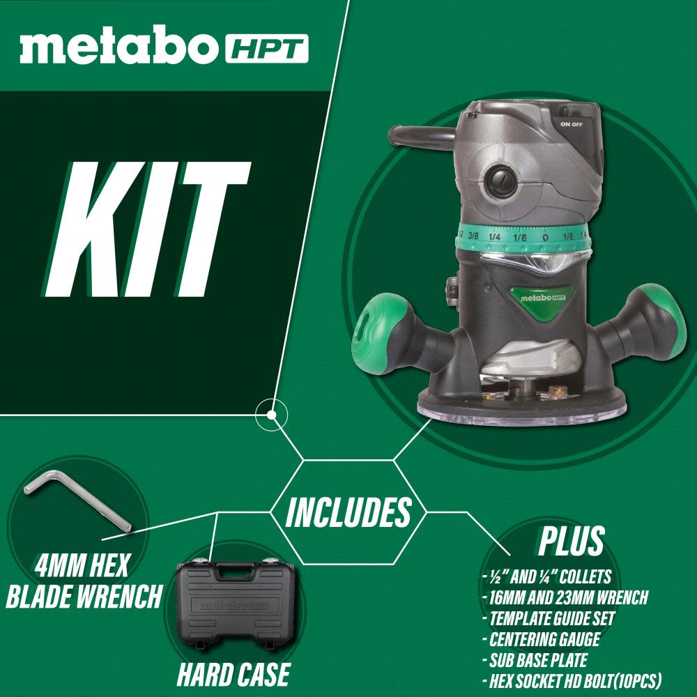 Metabo HPT 2-1/4 Peak HP Variable Speed Fixed/Plunge Base Router Kit | KM12VC - Ascmtools