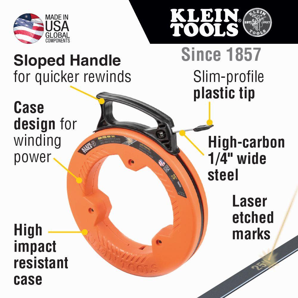 Klein Tools 25′ Wide Steel Fish Tape - Ascmtools