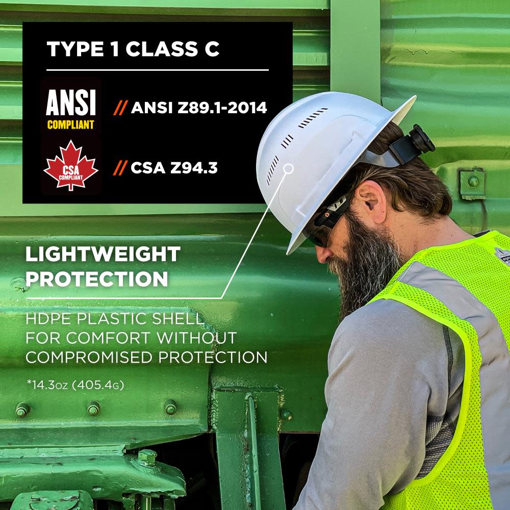 Ergodyne Skullerz 8968 White Lightweight Full Brim Hard Hat Vented Class C - Ascmtools