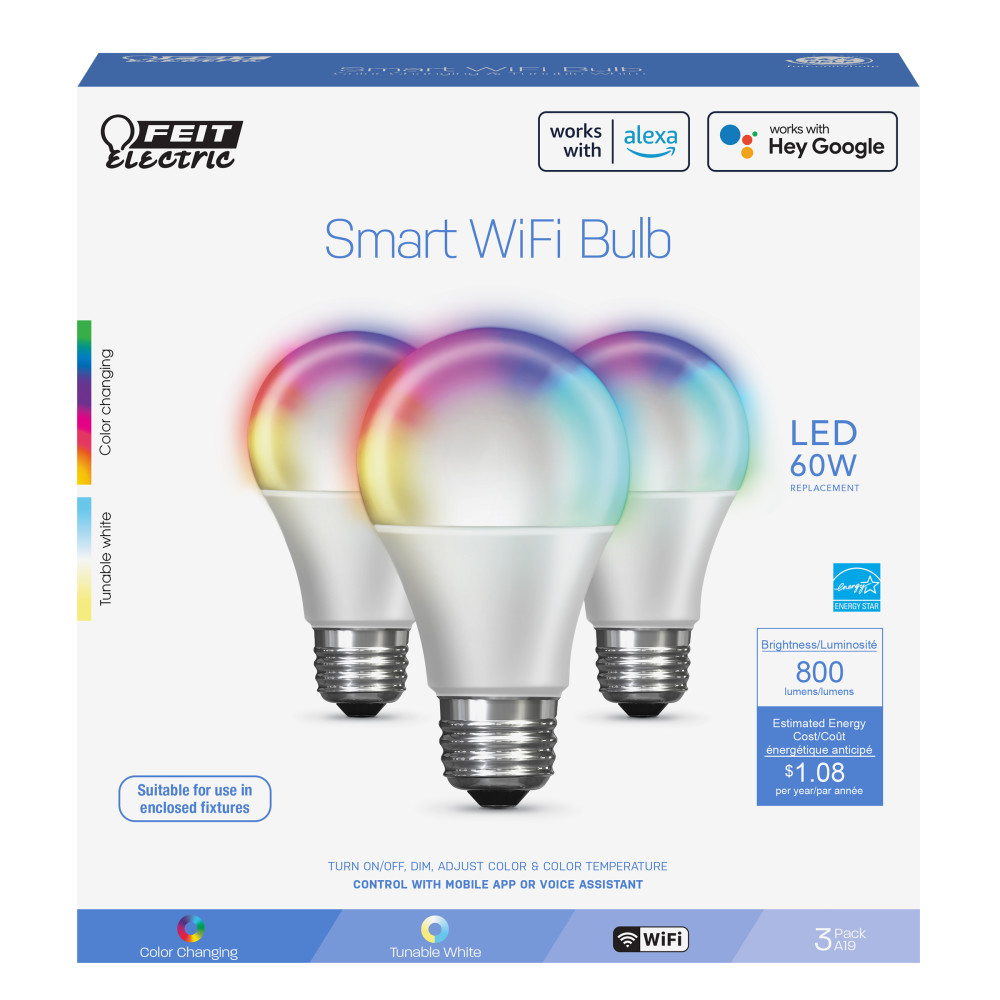 Feit Electric 60W A19 Alexa Google LED Smart WiFi Bulb 3pk - Ascmtools
