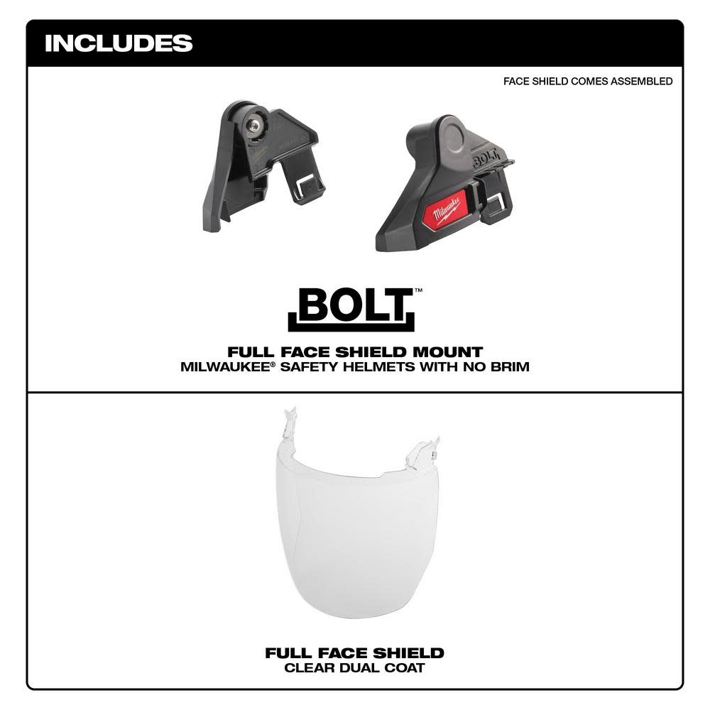 Milwaukee BOLT Full Face Shield Clear Dual Coat Lens Compatible with Safety Helmet No Brim - Ascmtools