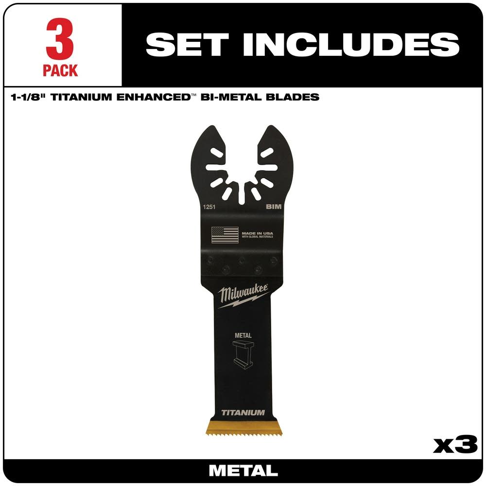 Milwaukee OPEN-LOK 1-1/8″ TITANIUM ENHANCED BI-METAL METAL BLADES 3PK - Ascmtools