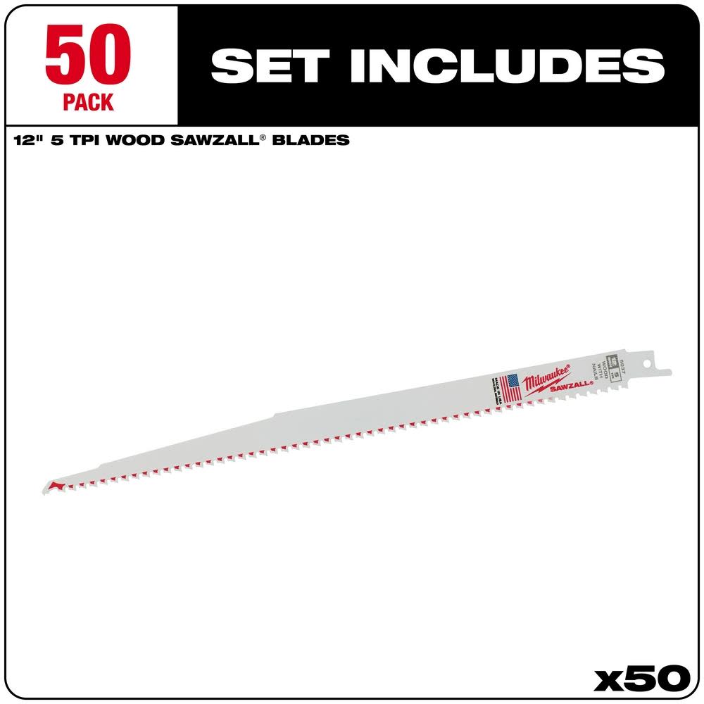 Milwaukee 12 in. 5 TPI SAWZALL Blades (50 Pack) - Ascmtools