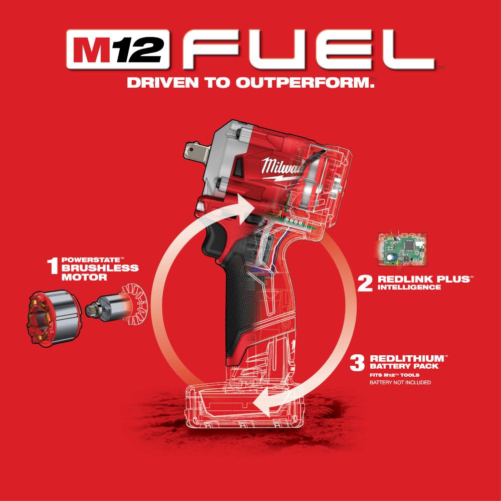 Milwaukee M12 FUEL Stubby 1/2 in. Pin Impact Wrench - Ascmtools