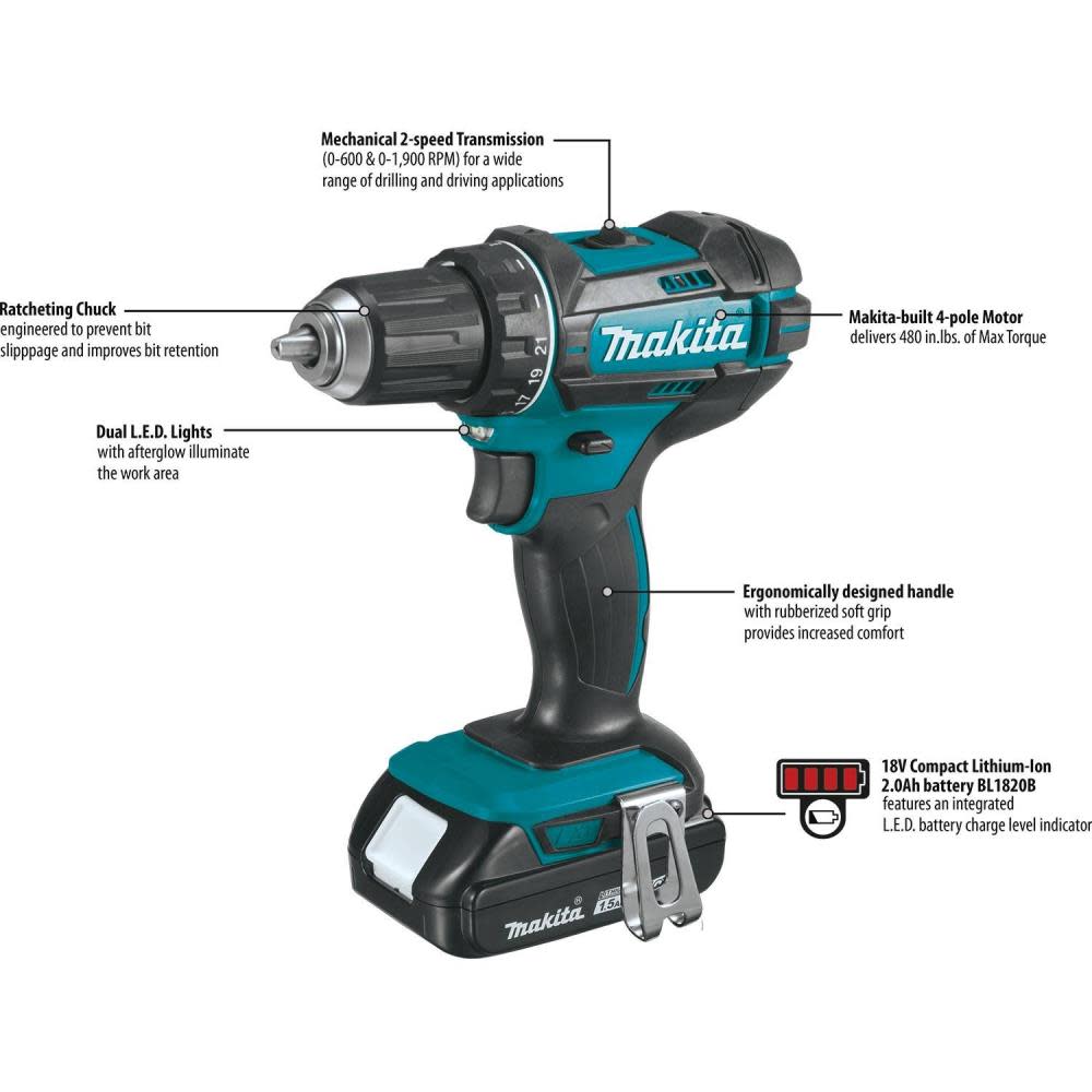 Makita 18V LXT Lithium-Ion Compact Cordless 1/2″ Driver-Drill Kit (1.5Ah) - Ascmtools
