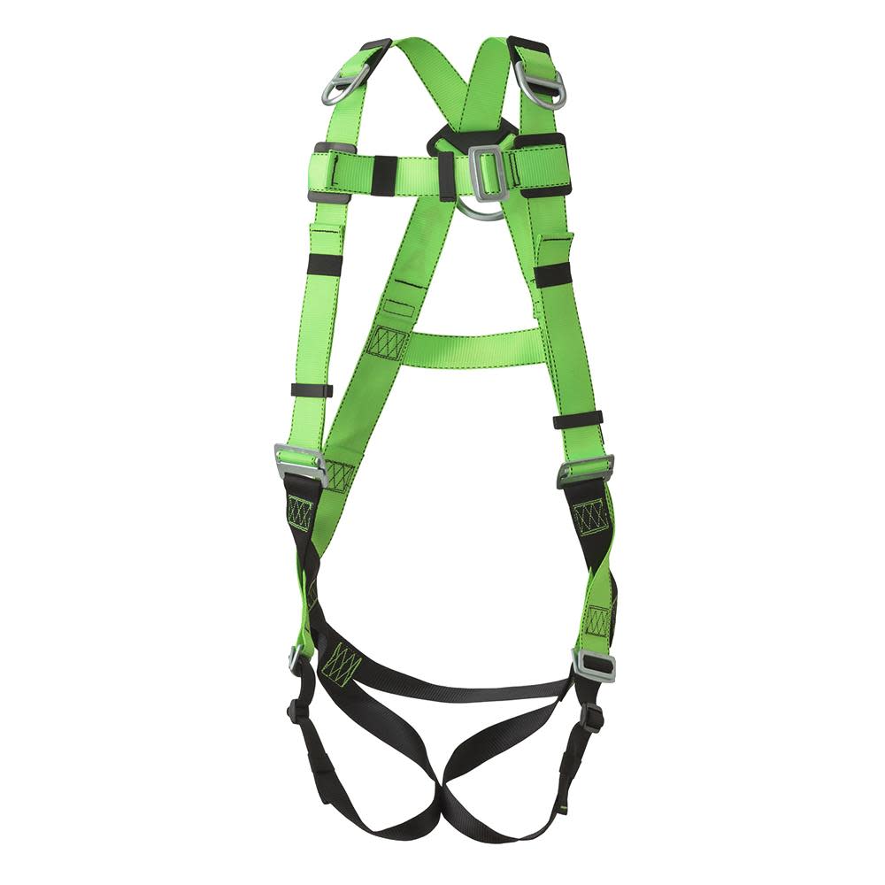 Peakworks Full Body Safety Harness 5-Point Adjustment with Fall Indicator Back and Shoulder D-Rings Pass Thru Leg Buckles Hi-Vis Green/Black Universal Fit - Ascmtools