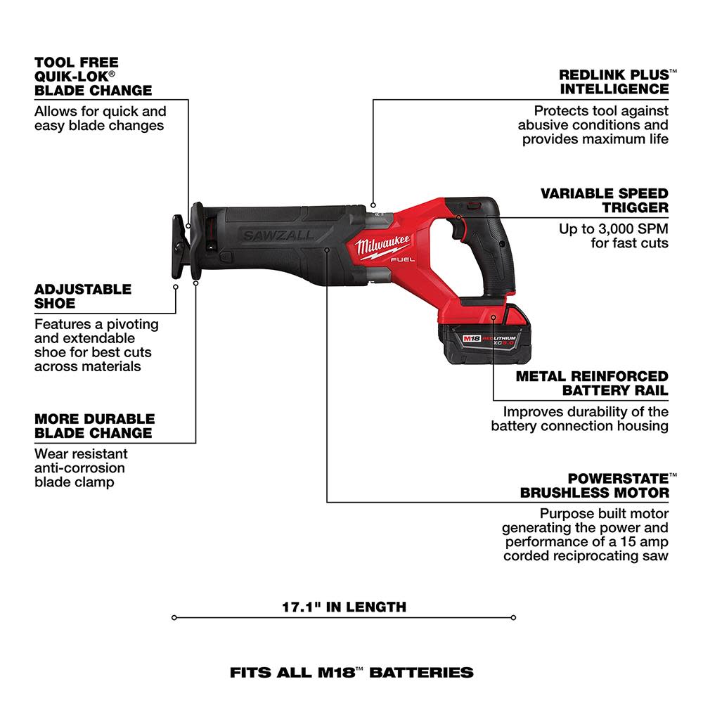 Milwaukee M18 FUEL SAWZALL Reciprocating Saw – 2 Battery XC5.0 Kit - Ascmtools