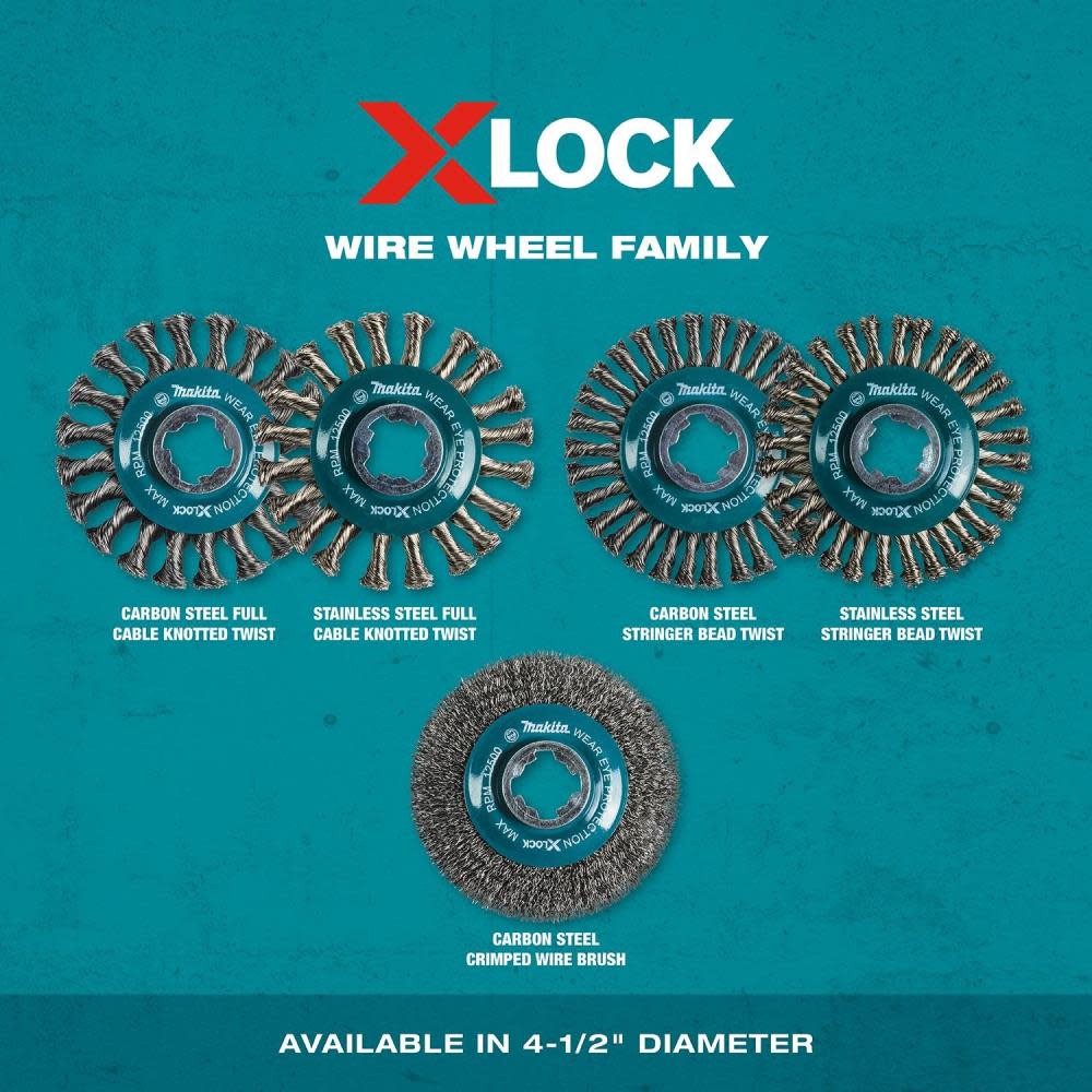 Makita X-LOCK 4-1/2″ Carbon Steel Full Cable Knotted Twist Wire Wheel - Ascmtools