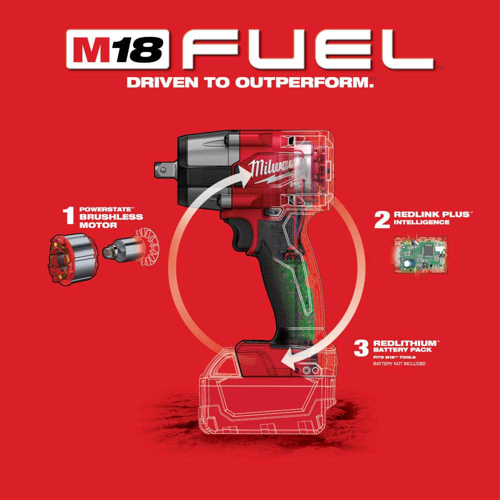Milwaukee M18 FUEL 1/2 Mid-Torque Impact Wrench with Pin Detent Bare Tool - Ascmtools