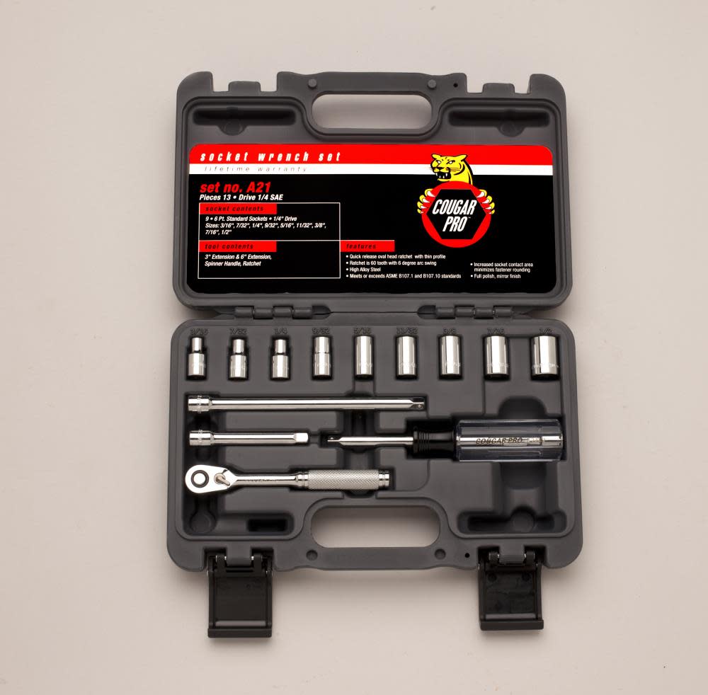 Cougar Pro 1/4 In. Drive 13 pc. 6 pt SAE Socket Set - Ascmtools