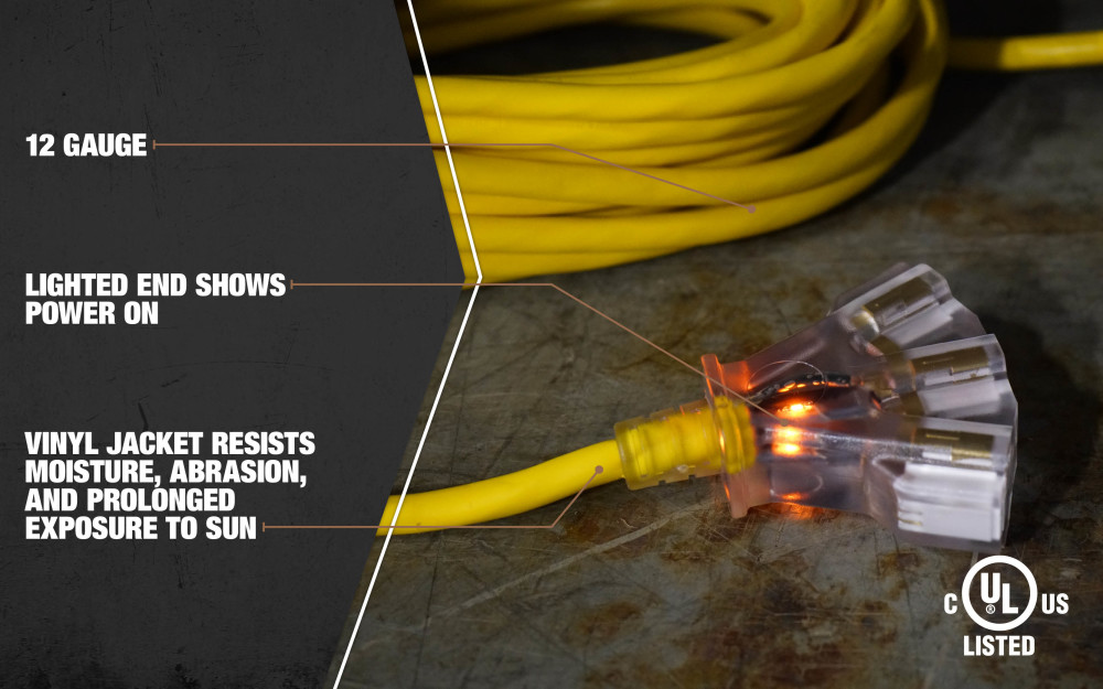 Southwire 3 Outlet Extension Cord Lighted End 25′ 12/3 SJTW - Ascmtools