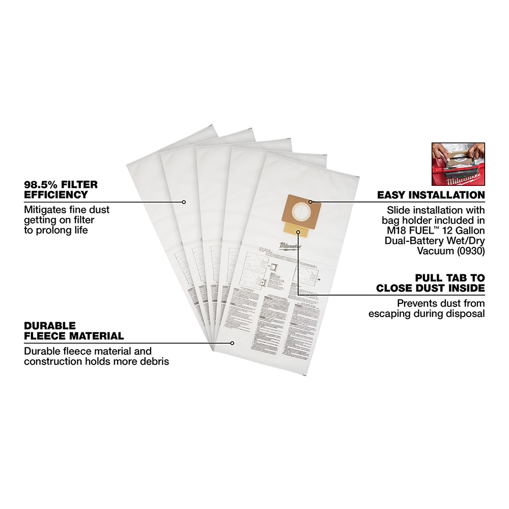 Milwaukee Fleece Dust Bags 12 Gallon 5pk - Ascmtools