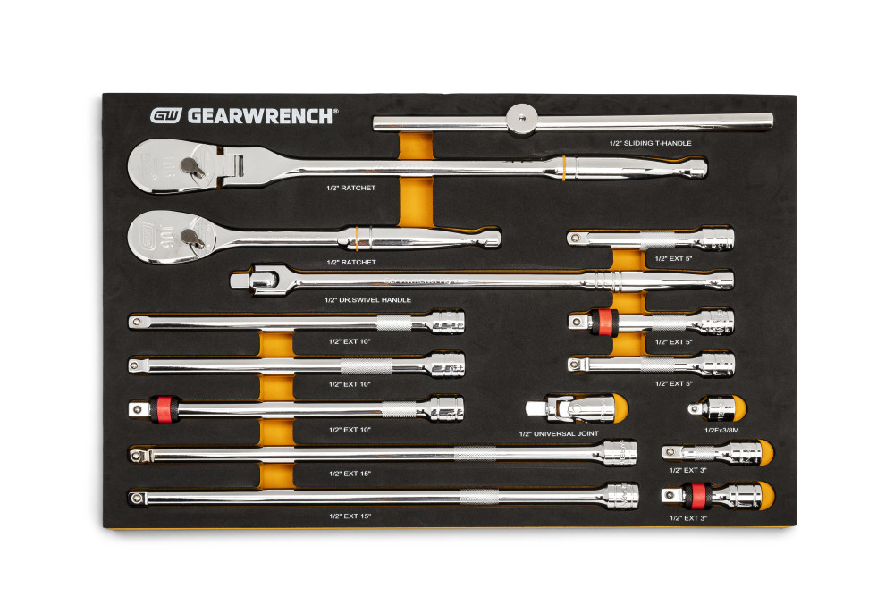 GEARWRENCH Ratchet & Drive Tool Set 1/2″ 90T with EVA Foam Tray 16pc - Ascmtools
